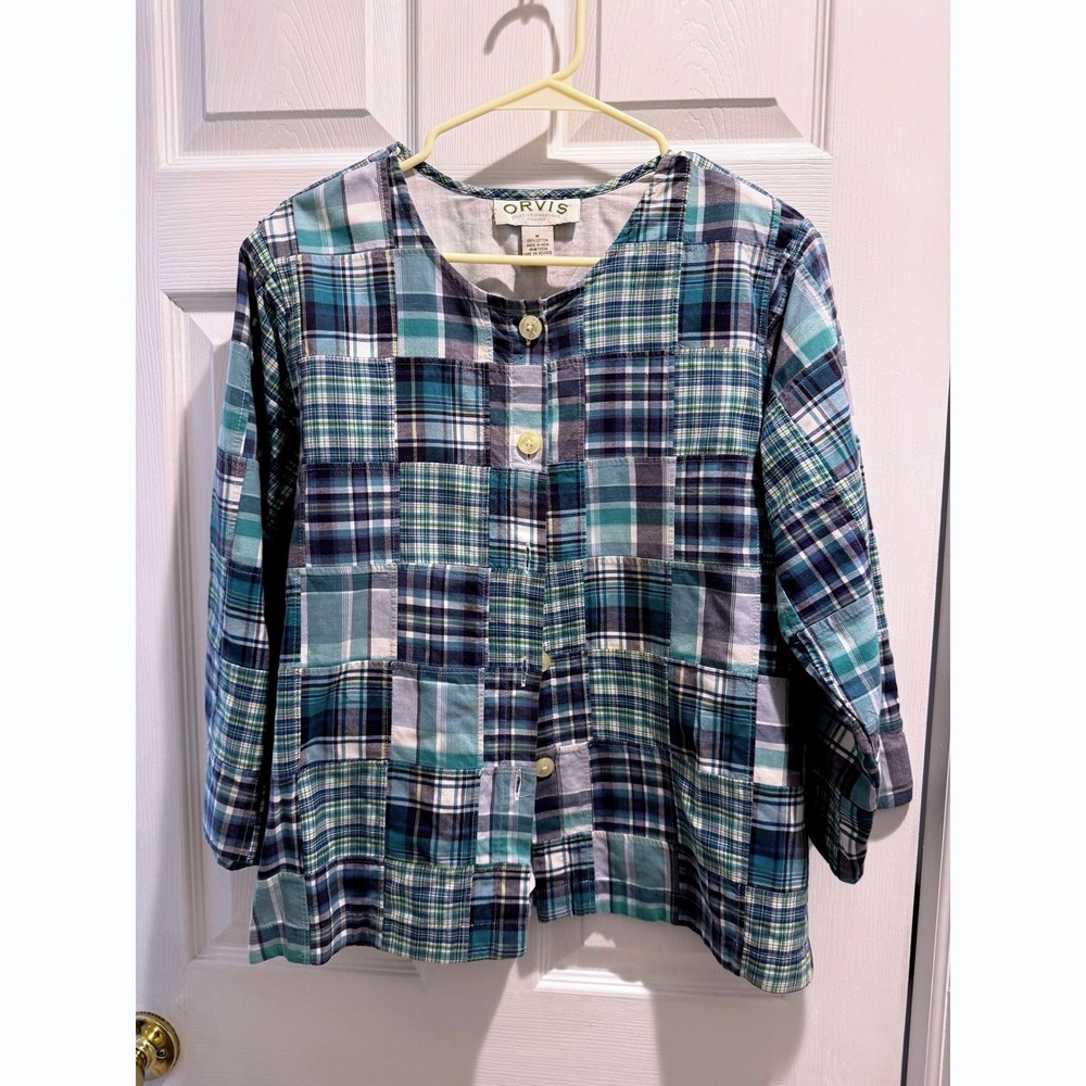 Vintage Orvis Womens Blue Green Plaid Patchwork Button Cotton Shirt Size M